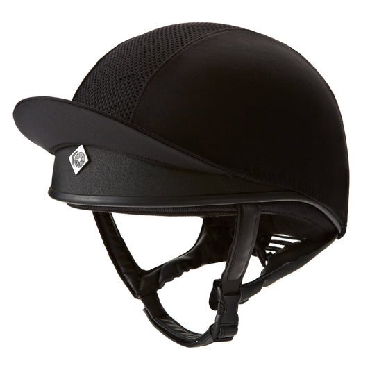KEP brand black equestrian helmet with mesh and chin strap.