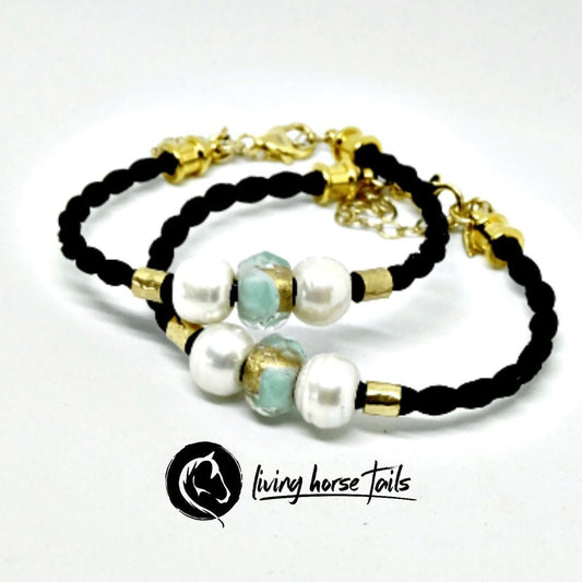 Custom Handmade Horse Hair Bracelet with Gold and Pearl Beads-Living Horse Tales Jewellery By Monika-The Equestrian