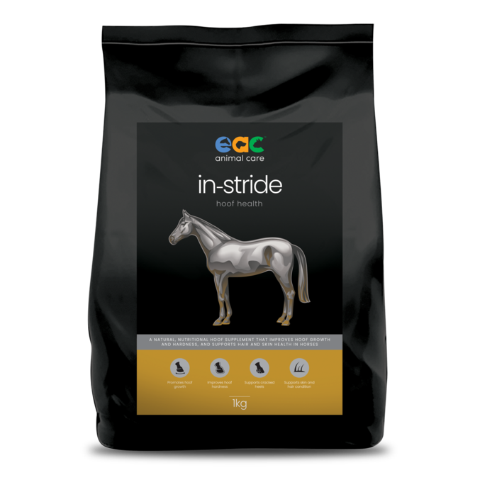 A black package of 'in-stride hoof health' supplement for horses by EGC Animal Care, featuring a graphic of a horse and claiming benefits for hoof growth and health.