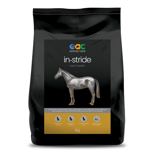 A black package of 'in-stride hoof health' supplement for horses by EGC Animal Care, featuring a graphic of a horse and claiming benefits for hoof growth and health.