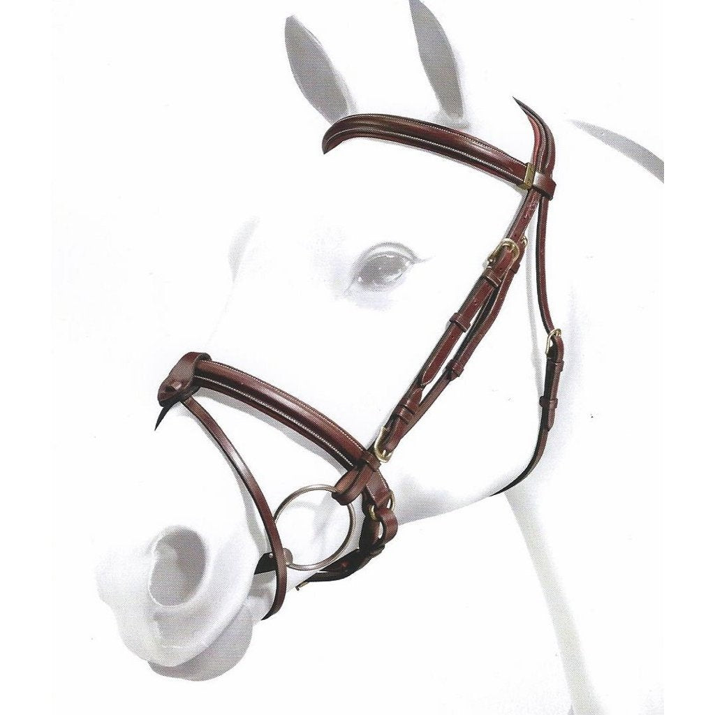 Alt text: Equipe bridle on white horse mannequin, brown leather, elegant style.