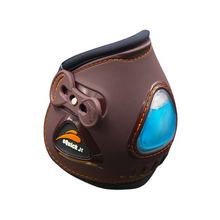 Brown Equick horse boot with blue ventilation on white background.