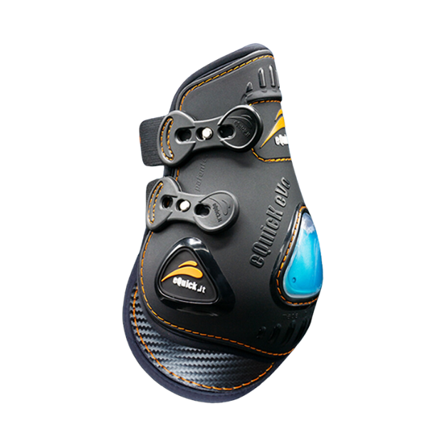 Equick horse boots, black and blue with secure fastening straps.