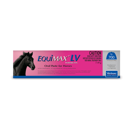 Equimax LV horse wormer packaging with product information and horse image.