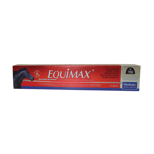 Equimax brand horse wormer tube packaging on white background.