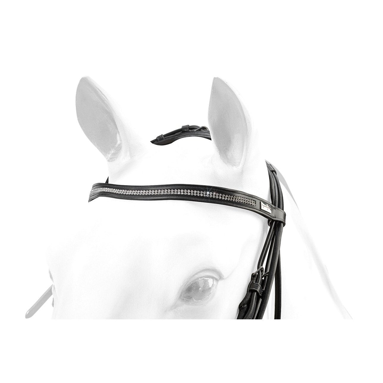 Equipe bridle on horse, black leather, crystal browband, high-quality, close-up.
