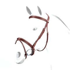 Equipe bridle with brown leather, modern design, isolated on white.