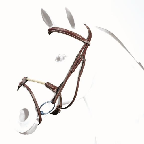 Equipe bridle, brown leather, classic style, on white horse mannequin.
