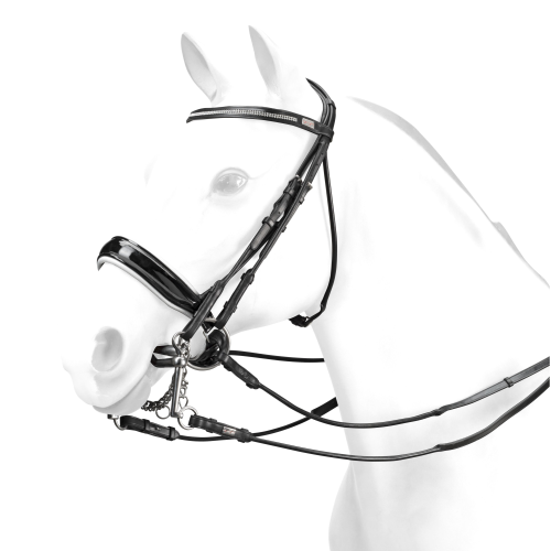 Equipe bridle on white horse mannequin, black leather, stylish design.