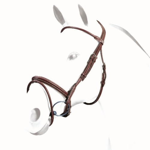 Equipe bridle on white horse mannequin, brown leather, elegant design.