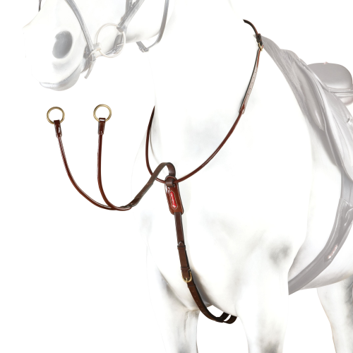 Equipe bridle, brown leather, simple style, on white horse mannequin.