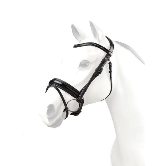 Equipe bridle on white horse mannequin, black leather, elegant style.