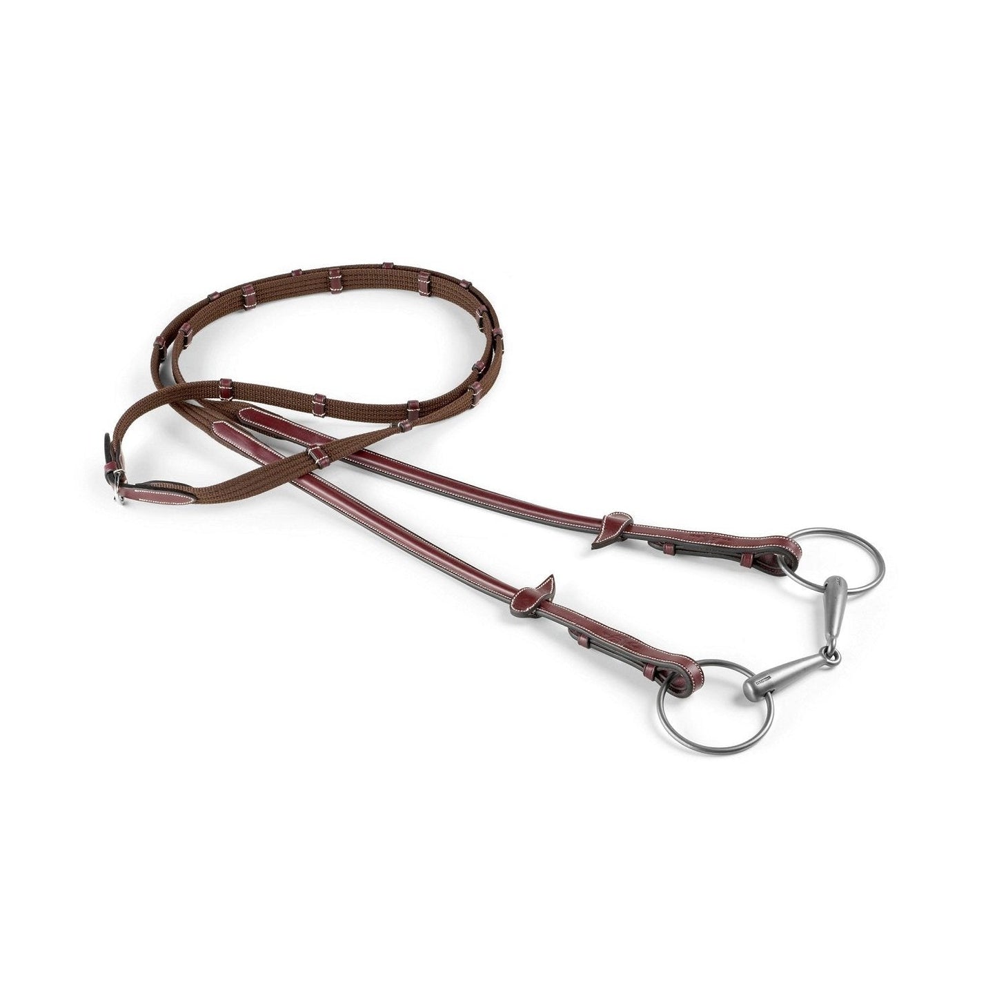 Equipe bridle in brown leather, classic style, isolated on white background.