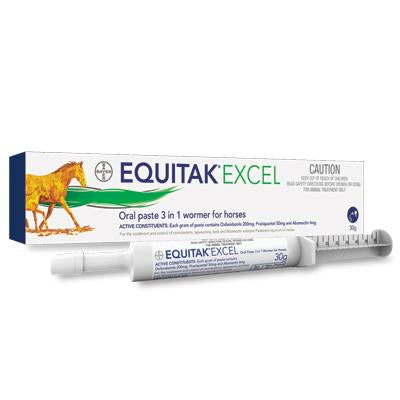 Equitak Excel horse wormer paste syringe and packaging.
