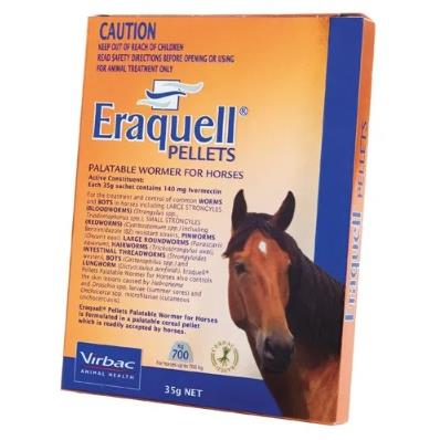 Box of Eraquell pellets, horse wormer medication, with horse image.