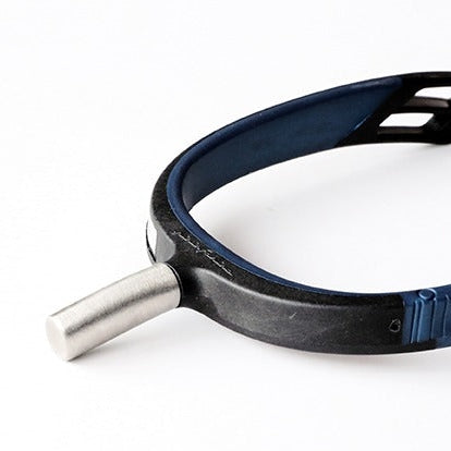 Black and blue horse riding stirrups on a white background.