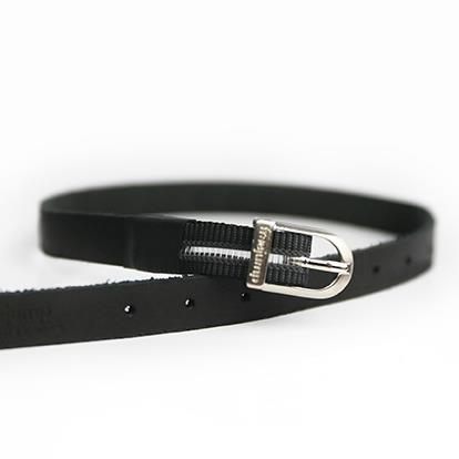 Black leather horse riding stirrups against a white background.