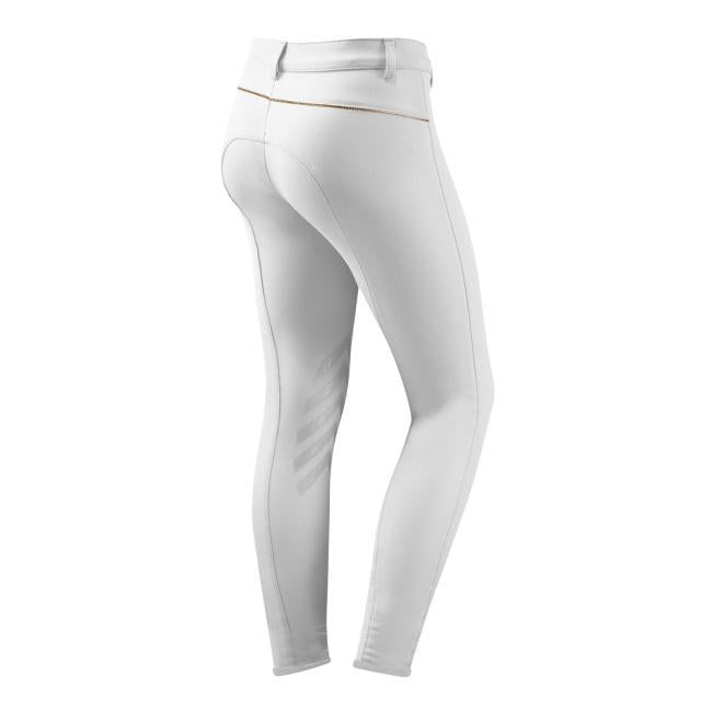 White Anna Scarpati riding breeches with gold detail on waistband.