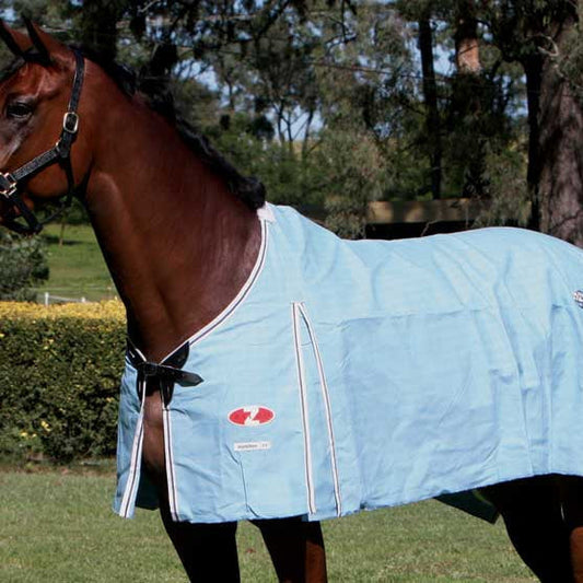 Horse wearing blue WeatherBeeta branded show rug outdoors.