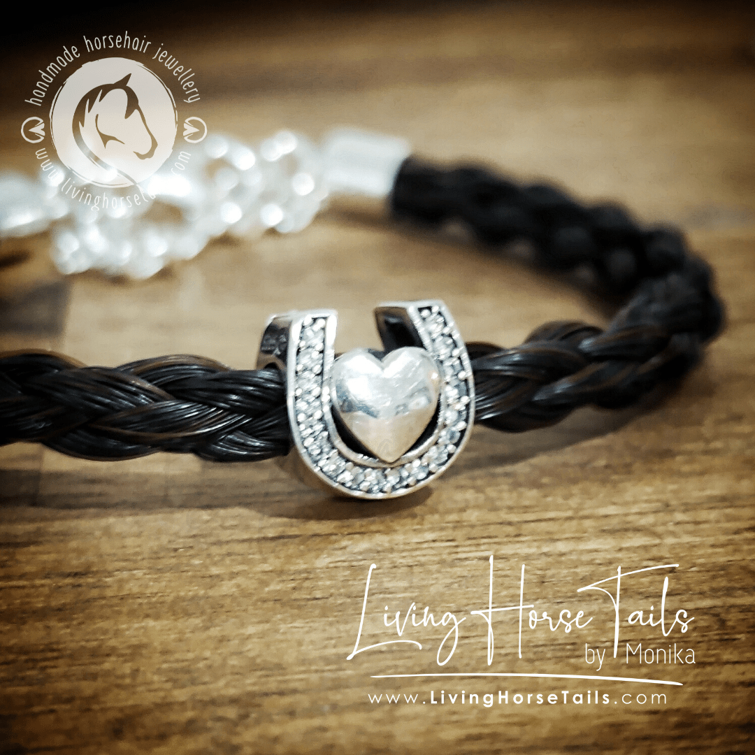 Horsehair Bracelet in Sterling Silver with Heart and Horseshoe Bead-Living Horse Tales Jewellery By Monika-The Equestrian