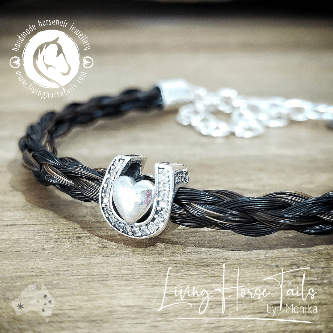 Horsehair Bracelet in Sterling Silver with Heart and Horseshoe Bead-Living Horse Tales Jewellery By Monika-The Equestrian