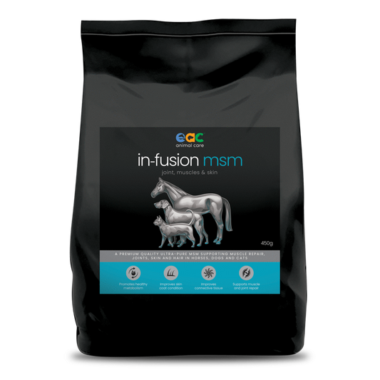 A black package of "in-fusion msm" from eac animal care, for joint, muscles & skin health in horses, dogs, and cats, with illustrations and health benefits listed.