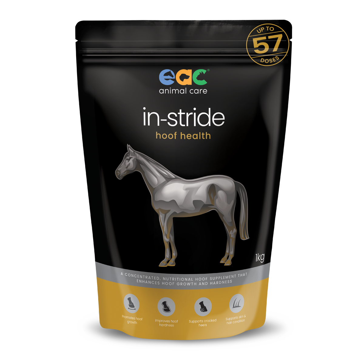 Alt text: "Package of 'in-stride hoof health' horse supplement for enhancing hoof growth and hardness by EAC animal care, with a silver illustration of a horse."