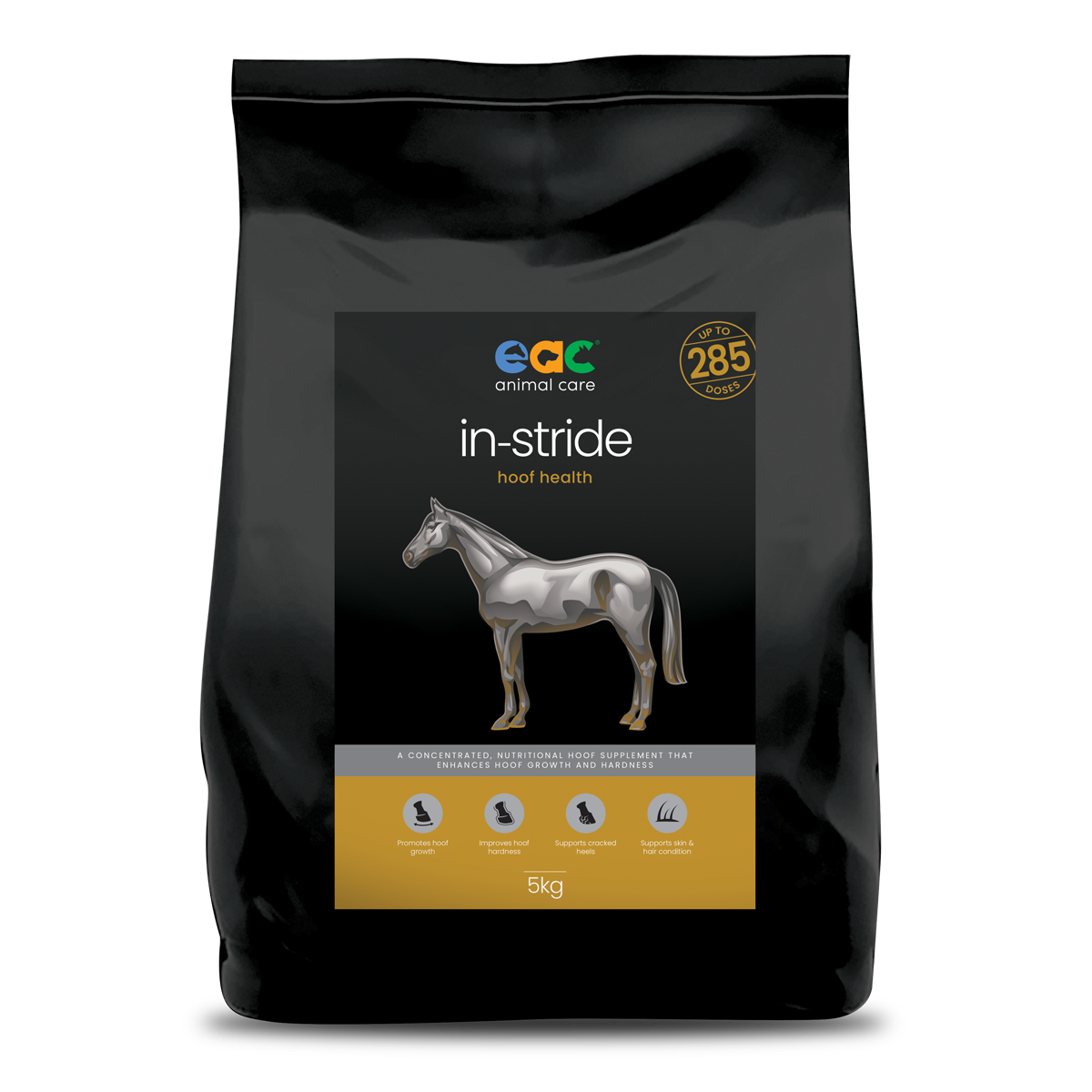 A black 5kg bag of 'in-stride hoof health' supplement for horses, with an image of a horse and bullet points highlighting benefits for hoof growth and hardness.