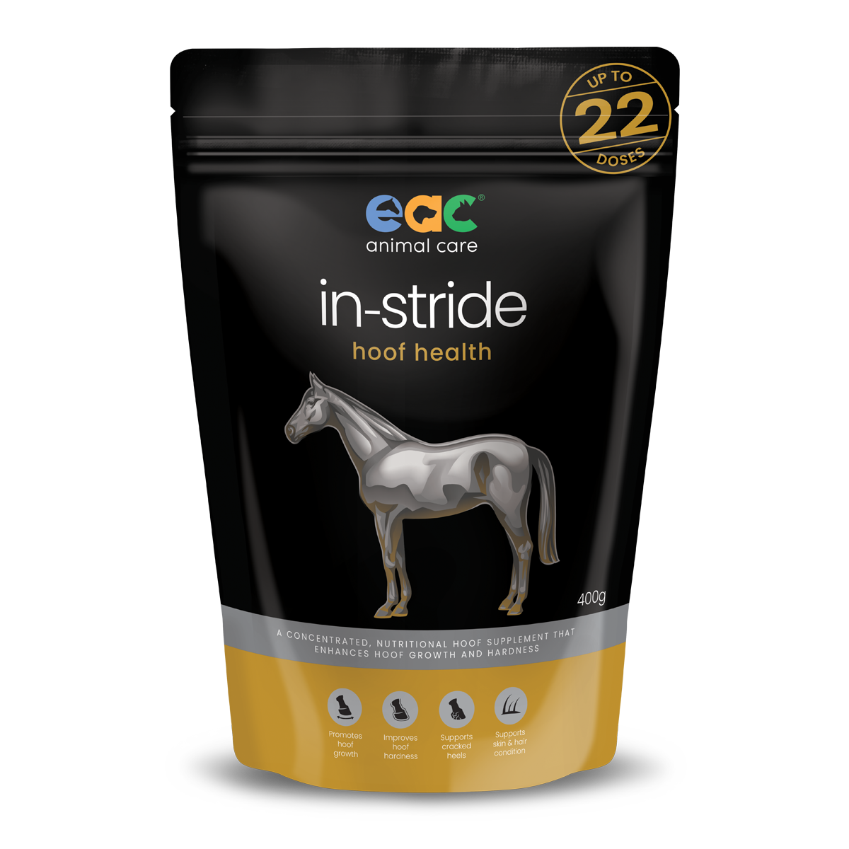 A black package of EAC Animal Care's 'in-stride hoof health' supplement for horses, stating up to 22 doses, with a silver horse illustration and product benefits.