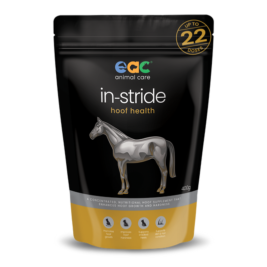 A black package of EAC Animal Care's 'in-stride hoof health' supplement for horses, stating up to 22 doses, with a silver horse illustration and product benefits.