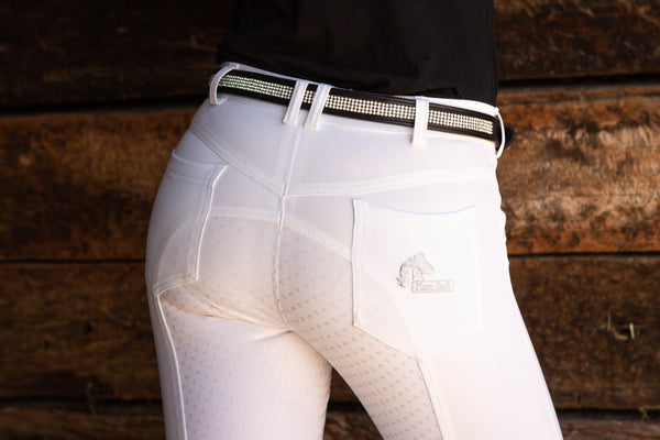White Coolmax Breeches with Silicone seat grip. Sizes 6 to 28