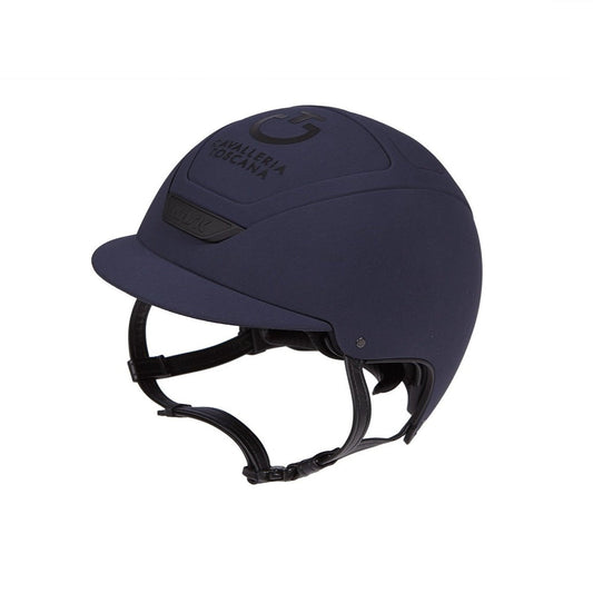A KASK brand navy blue horse riding helmet isolated on white.