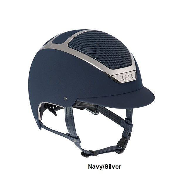 KASK brand horse riding helmet in navy blue with silver accents.