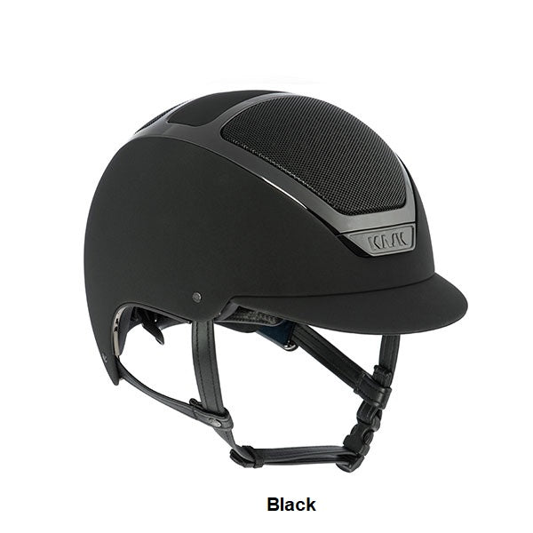 Black KASK horse riding helmet with ventilation grid isolated on white.