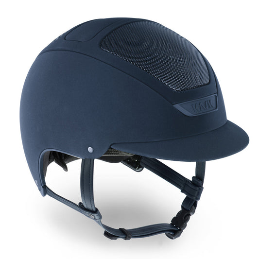 Navy blue KASK horse riding helmet with mesh vent on white background.