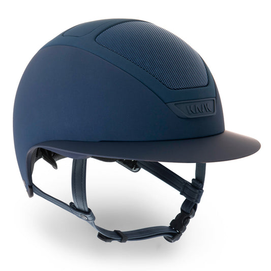 KASK brand horse riding helmet in blue with mesh vents.