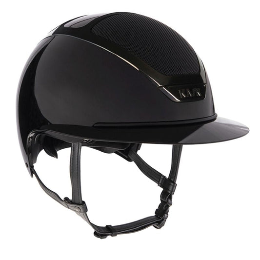 KASK brand black horse riding helmet, with a visor and strap.