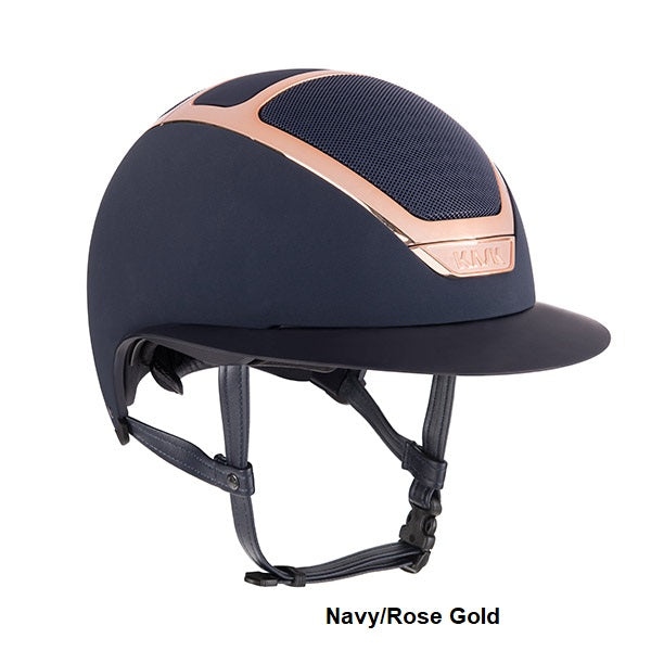 KASK brand navy and rose gold horse riding helmet, side view.