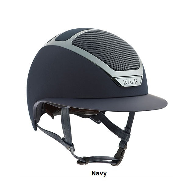 KASK brand horse riding helmet in navy with mesh ventilation.