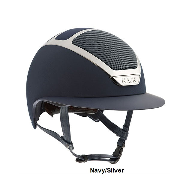 KASK brand navy and silver horse riding helmet on white background.
