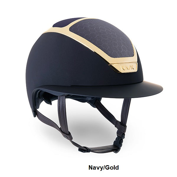 KASK brand navy and gold horse riding helmet on white background.