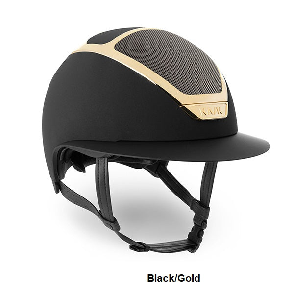 KASK brand horse riding helmet in black with gold accents.