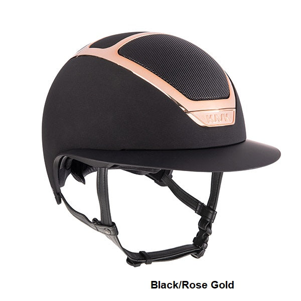 KASK brand horse riding helmet in black and rose gold.