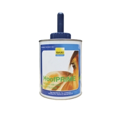 A container of HoofPRIME with a blue applicator cap on a white background, labeled for hoof care with an image of a horse.