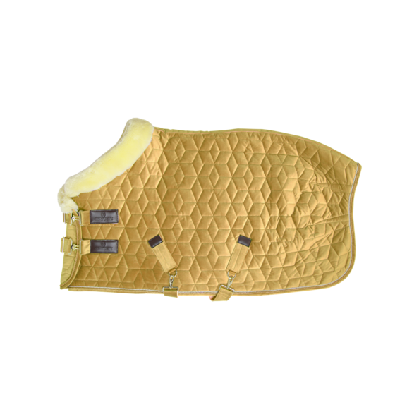 Golden quilted Kentucky horse rug with fleece padding isolated on white.