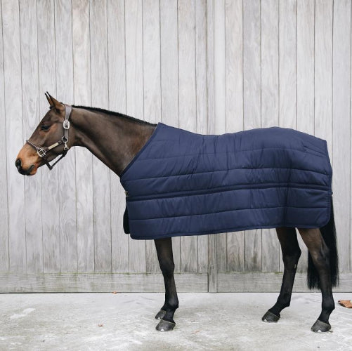 Alt text: Kentucky brand horse rug on a brown horse against wooden background.
