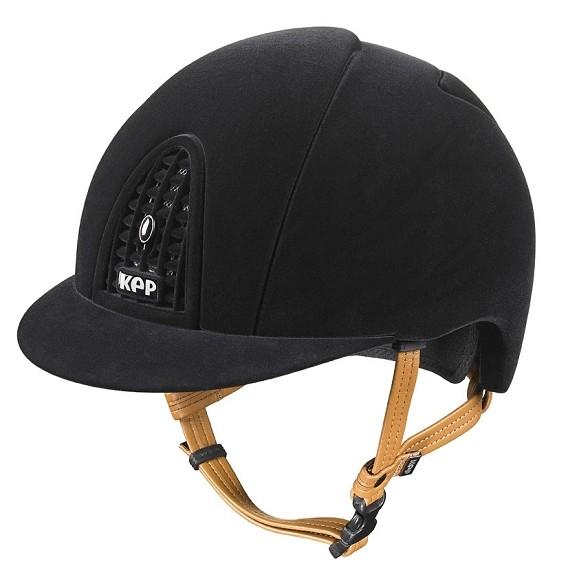 KEP brand black velvet-style equestrian riding helmet with tan straps.