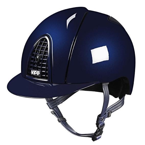 KEP brand blue equestrian riding helmet with a black grille.