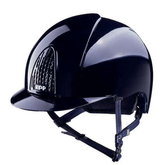 KEP brand black equestrian helmet with logo, sleek design, and strap.