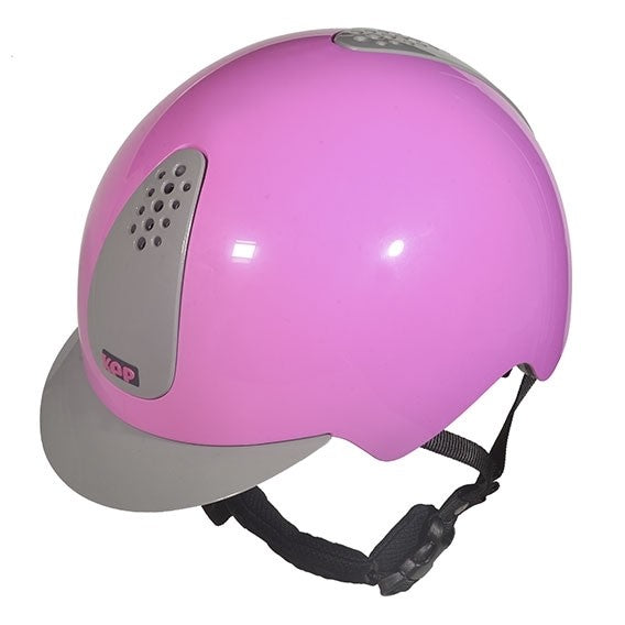 Alt text: Pink KEP equestrian helmet with gray visor and ventilation holes.